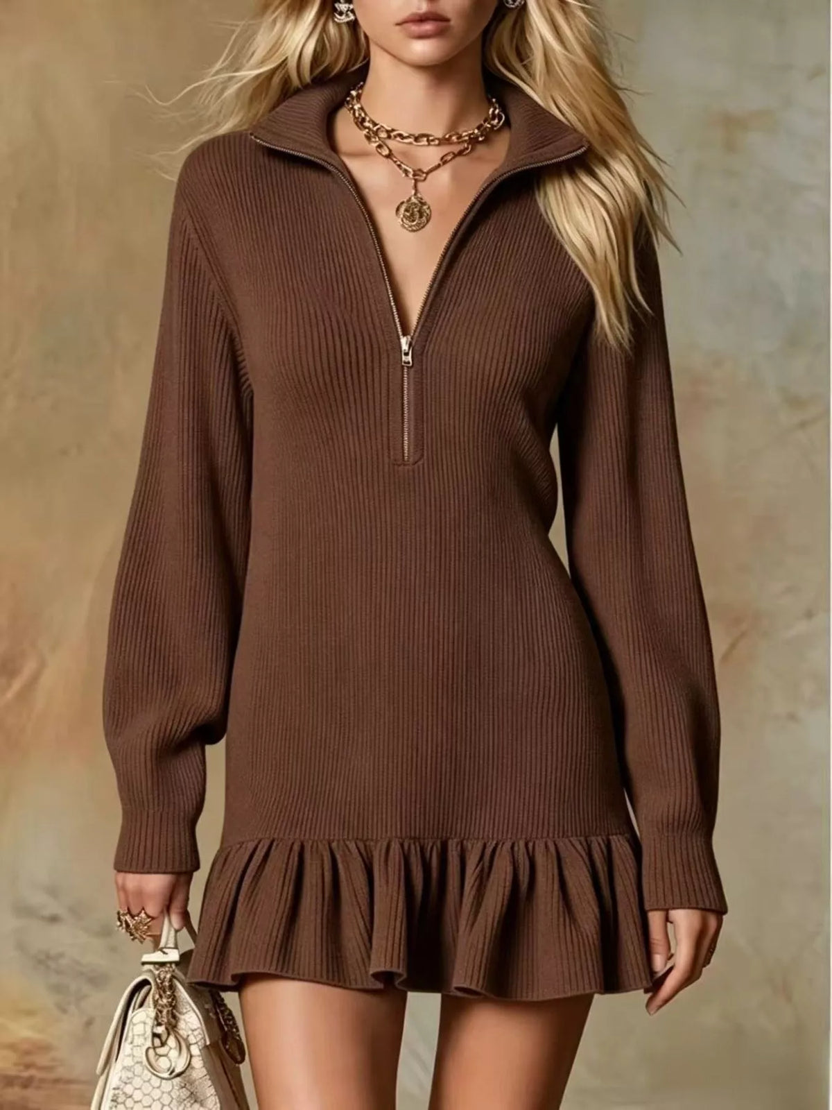 Ruffle Hem Half Zip Dress Dark Brown / S