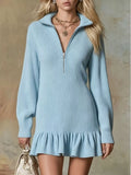 Ruffle Hem Half Zip Dress Light Blue / S