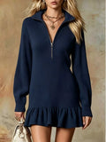 Ruffle Hem Half Zip Dress Navy / S