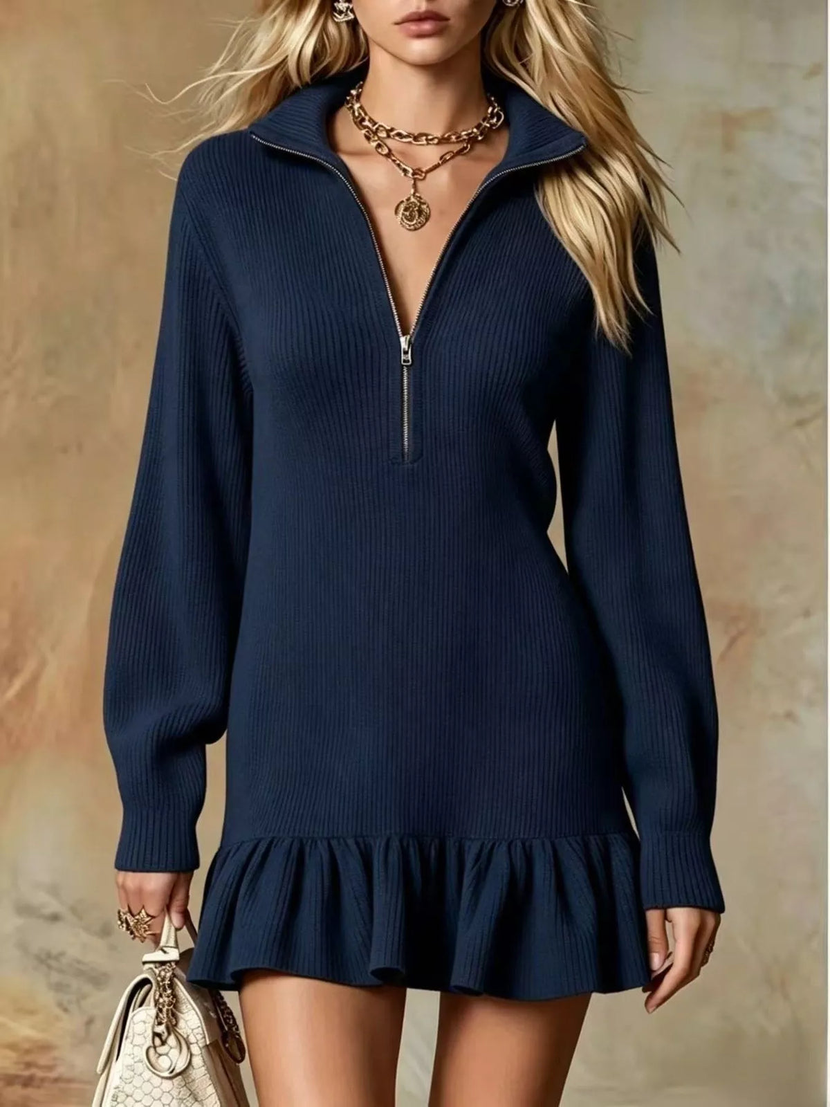 Ruffle Hem Half Zip Dress Navy / S