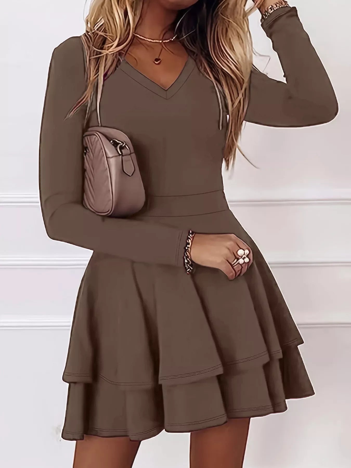 Ruffle Mini Dress Coffee Brown / S