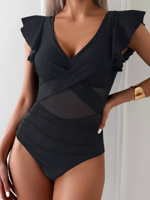 Ruffle Sleeve V Neck One Piece Swimsuit