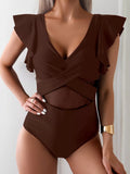 Ruffle Sleeve V Neck One Piece Swimsuit Dark Brown / S