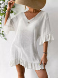Ruffle Trim Butterfly Back V-Neck Cover-Up Dress White / One Size