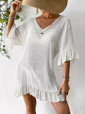 Ruffle Trim Butterfly Back V-Neck Cover-Up Dress White / One Size