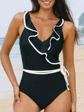 Ruffle Trim One Piece Swimsuit Black / S
