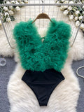Ruffle Trim Sleeveless Bodysuit Green / M