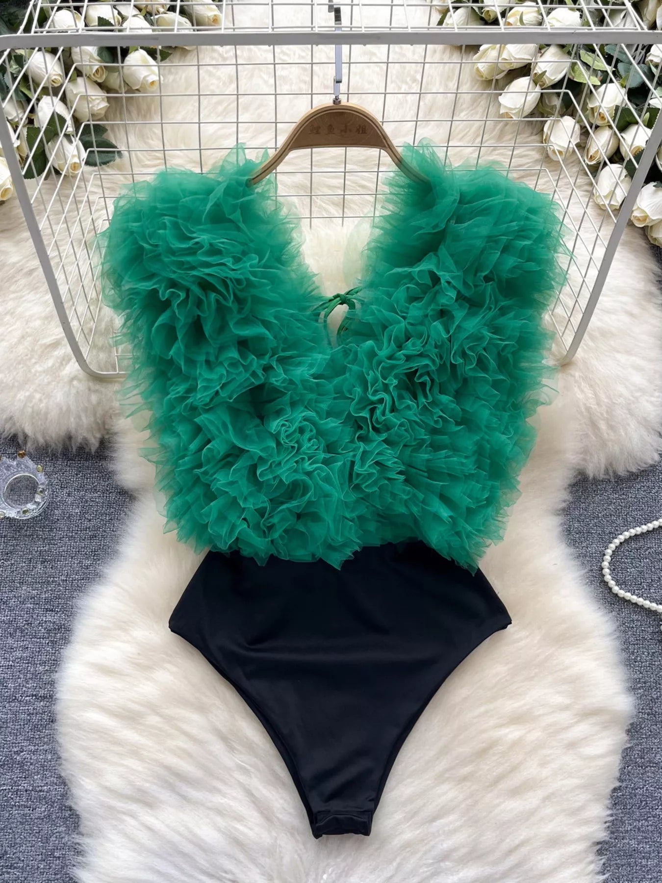 Ruffle Trim Sleeveless Bodysuit Green / M