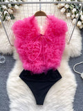 Ruffle Trim Sleeveless Bodysuit Rose Red / M