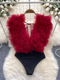 Ruffle Trim Sleeveless Bodysuit Wine Red / M