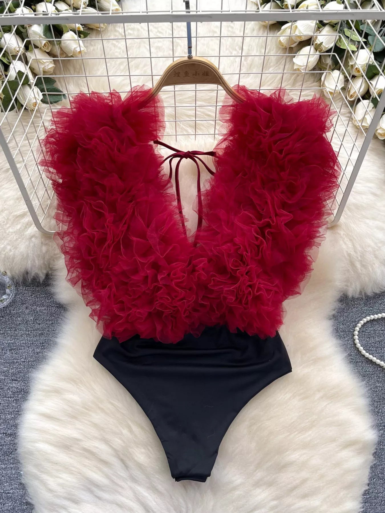 Ruffle Trim Sleeveless Bodysuit Wine Red / M