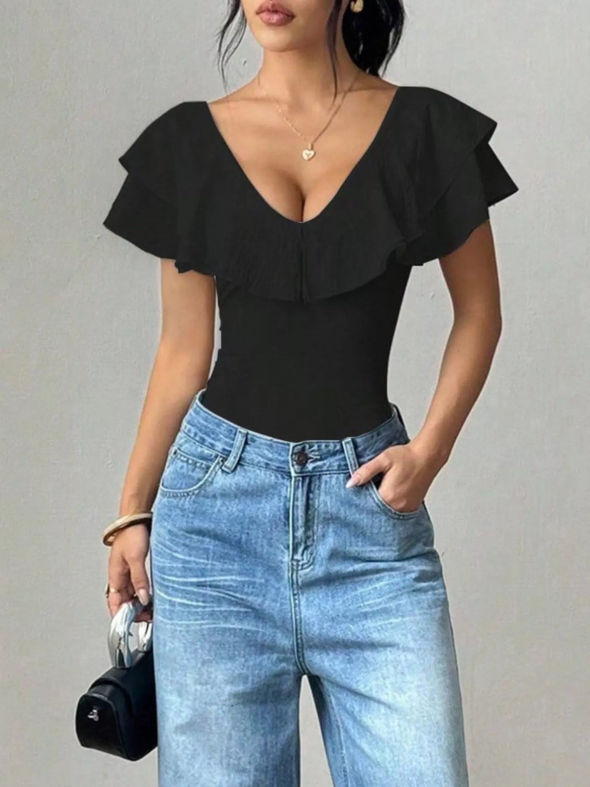 Ruffle Trim V-Neck Bodysuit