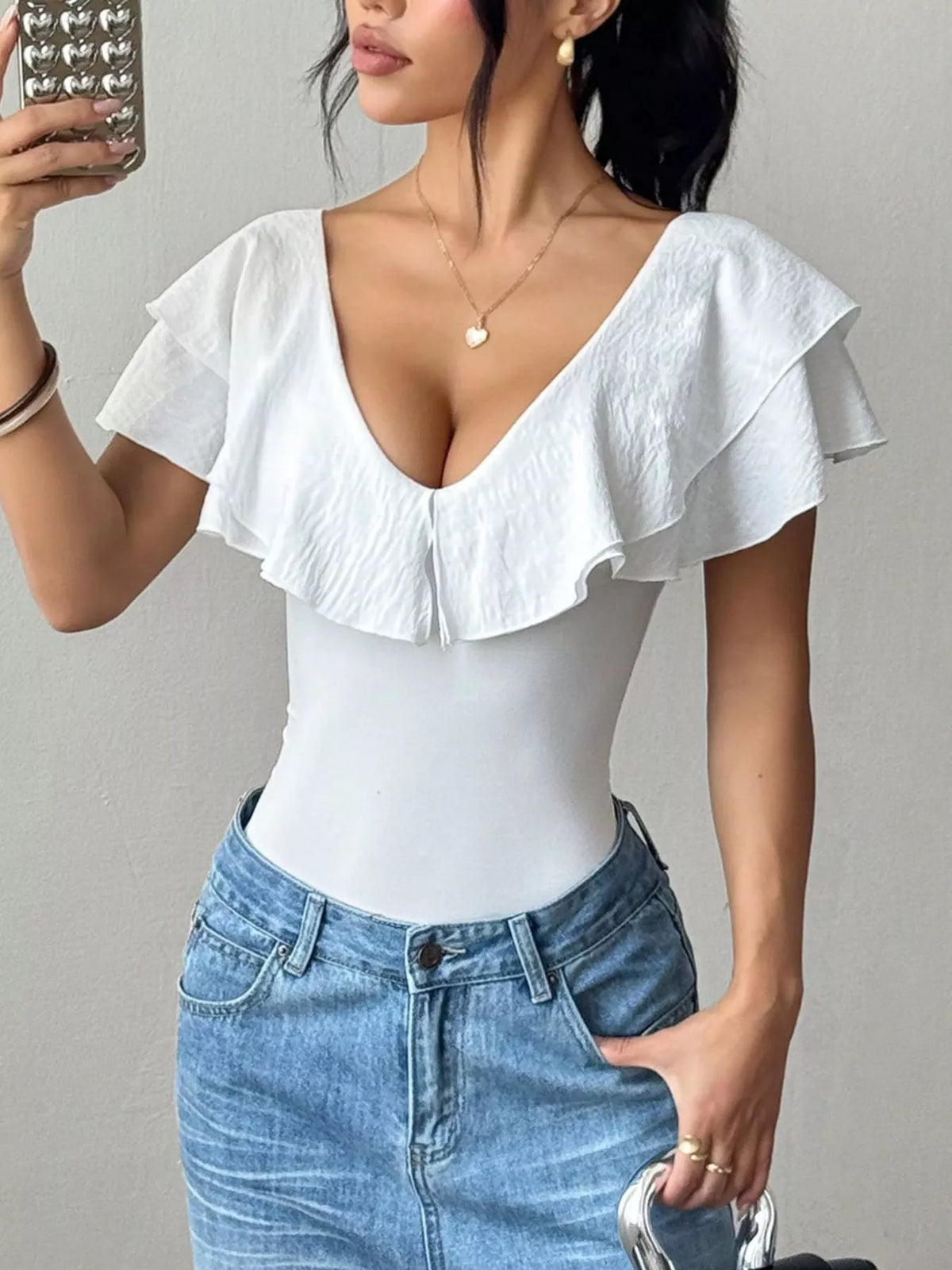 Ruffle Trim V-Neck Bodysuit