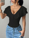 Ruffle Trim V-Neck Bodysuit