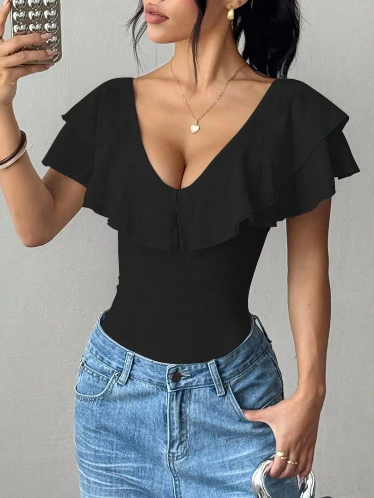 Ruffle Trim V-Neck Bodysuit