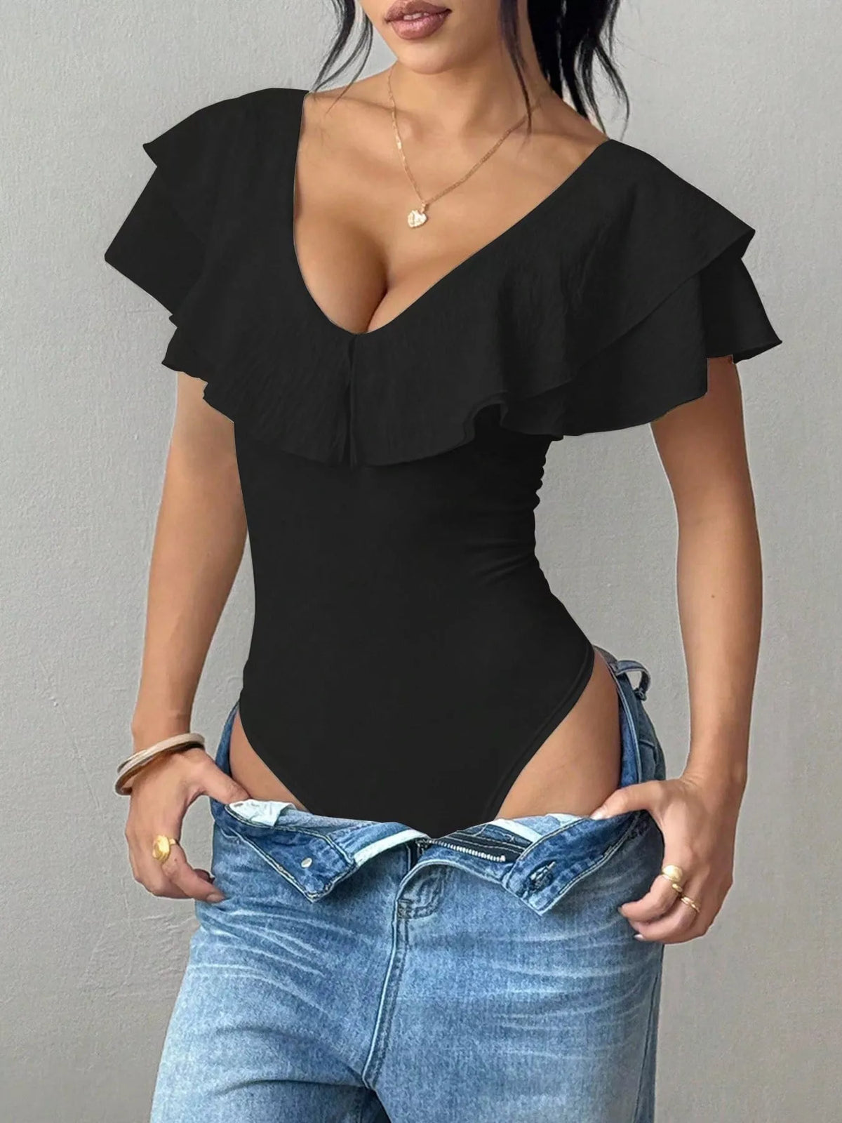 Ruffle Trim V-Neck Bodysuit