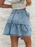 Ruffled Hem High Waist Bow Tie Denim Skirt