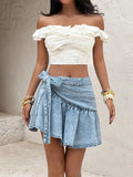 Ruffled Hem High Waist Bow Tie Denim Skirt