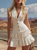 Ruffled Hem Lapel Collar Mini Dress Ivory / S