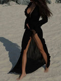 Ruffled Long Sleeve Cover-Up Dress Black / S