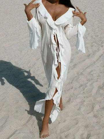 Ruffled Long Sleeve Cover-Up Dress White / S