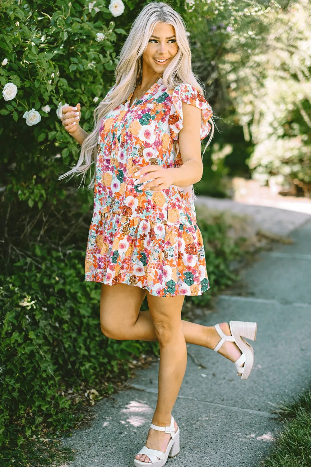 Ruffled Print Cap-Sleeve Mini Dress - product view 4