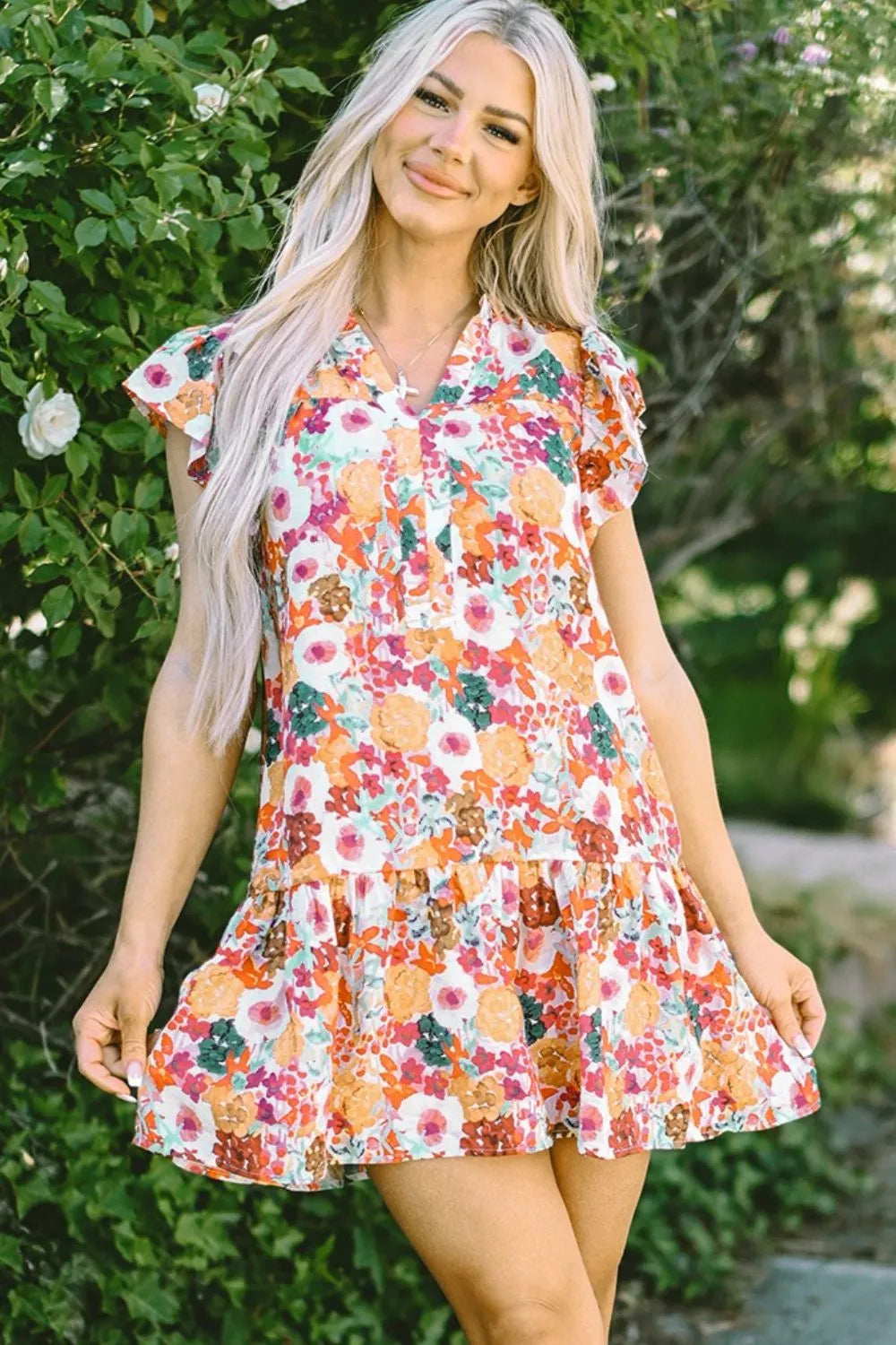 Ruffled Print Cap-Sleeve Mini Dress - product view 1
