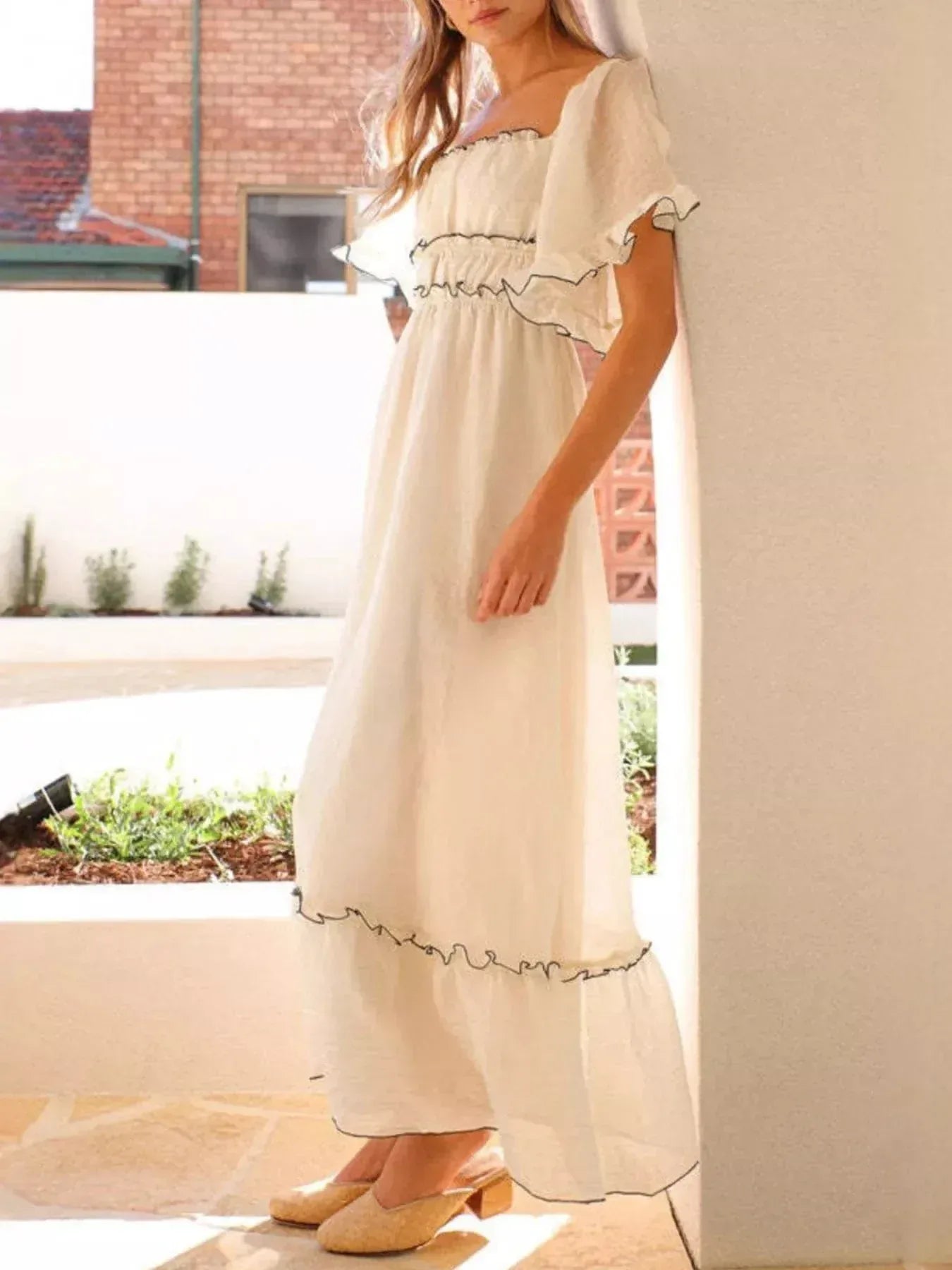 Ruffled Short Sleeve Tiered Maxi Dress
