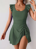 Ruffled Sleeve One-Piece Swim Dress Army Green / S