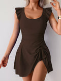 Ruffled Sleeve One-Piece Swim Dress Brown / S