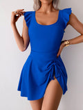 Ruffled Sleeve One-Piece Swim Dress Royal Blue / S
