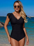 Ruffled Sleeve One-Piece Swimsuit Black / S