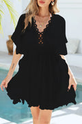 Ruffled Smocked Waist V-Neck Cover-Up Black / One Size