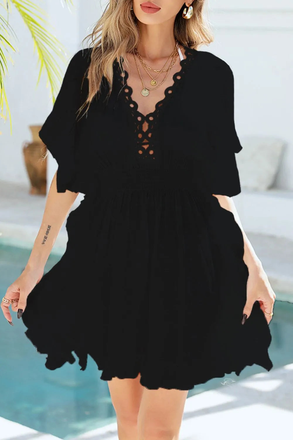Ruffled Smocked Waist V-Neck Cover-Up Black / One Size
