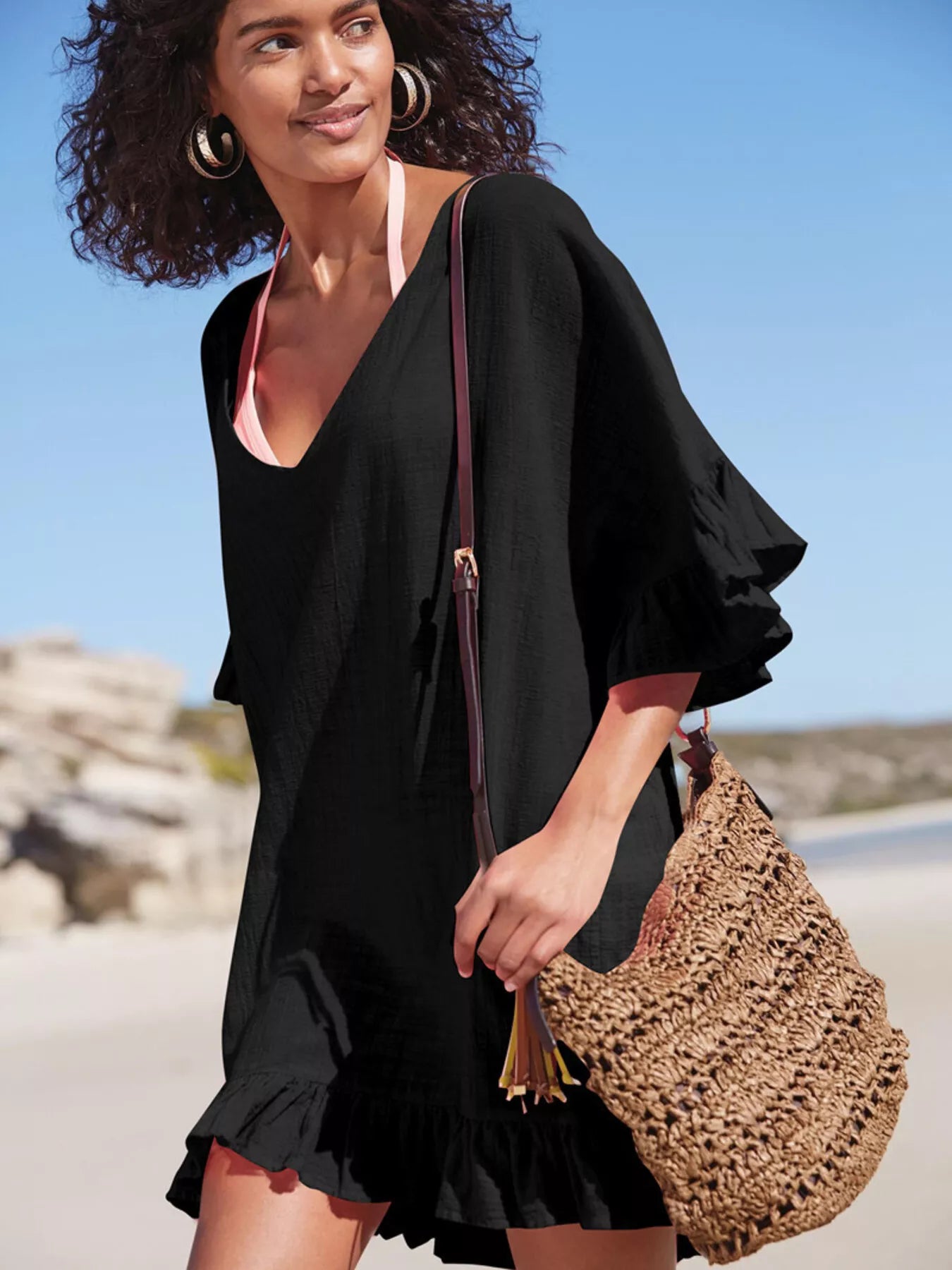 Ruffled Trim V-Neck Cover-Up Dress Black / One Size