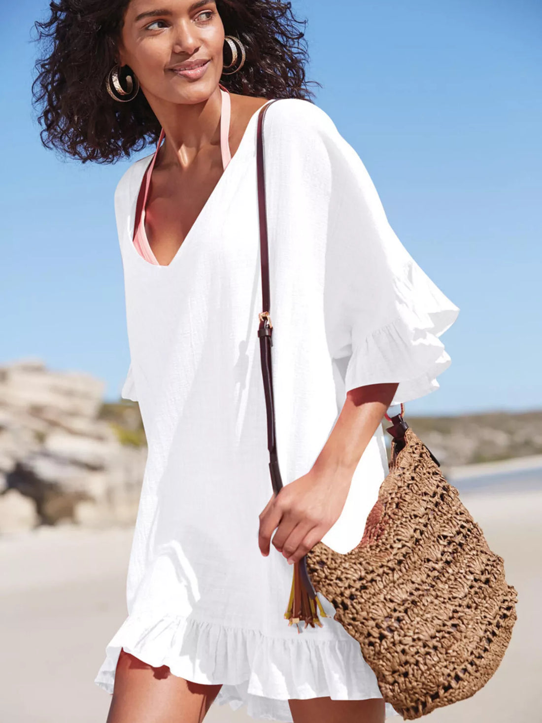 Ruffled Trim V-Neck Cover-Up Dress White / One Size