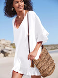 Ruffled Trim V-Neck Cover-Up Dress White / One Size