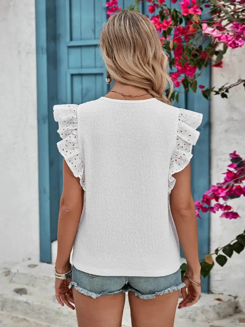 Ruffled V-Neck Cap Sleeve Blouse for Women White / S