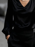 Satin V-Neck Long Sleeve Blouse