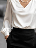 Satin V-Neck Long Sleeve Blouse