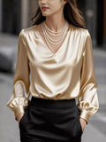 Satin V-Neck Long Sleeve Blouse Apricot / S