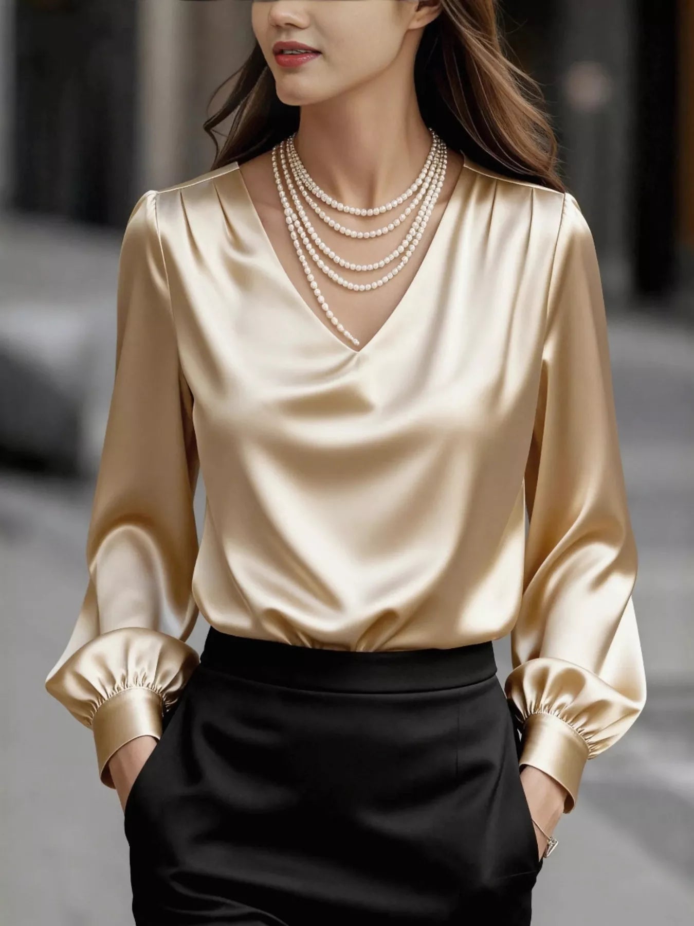 Satin V-Neck Long Sleeve Blouse Apricot / S