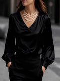 Satin V-Neck Long Sleeve Blouse Black / S