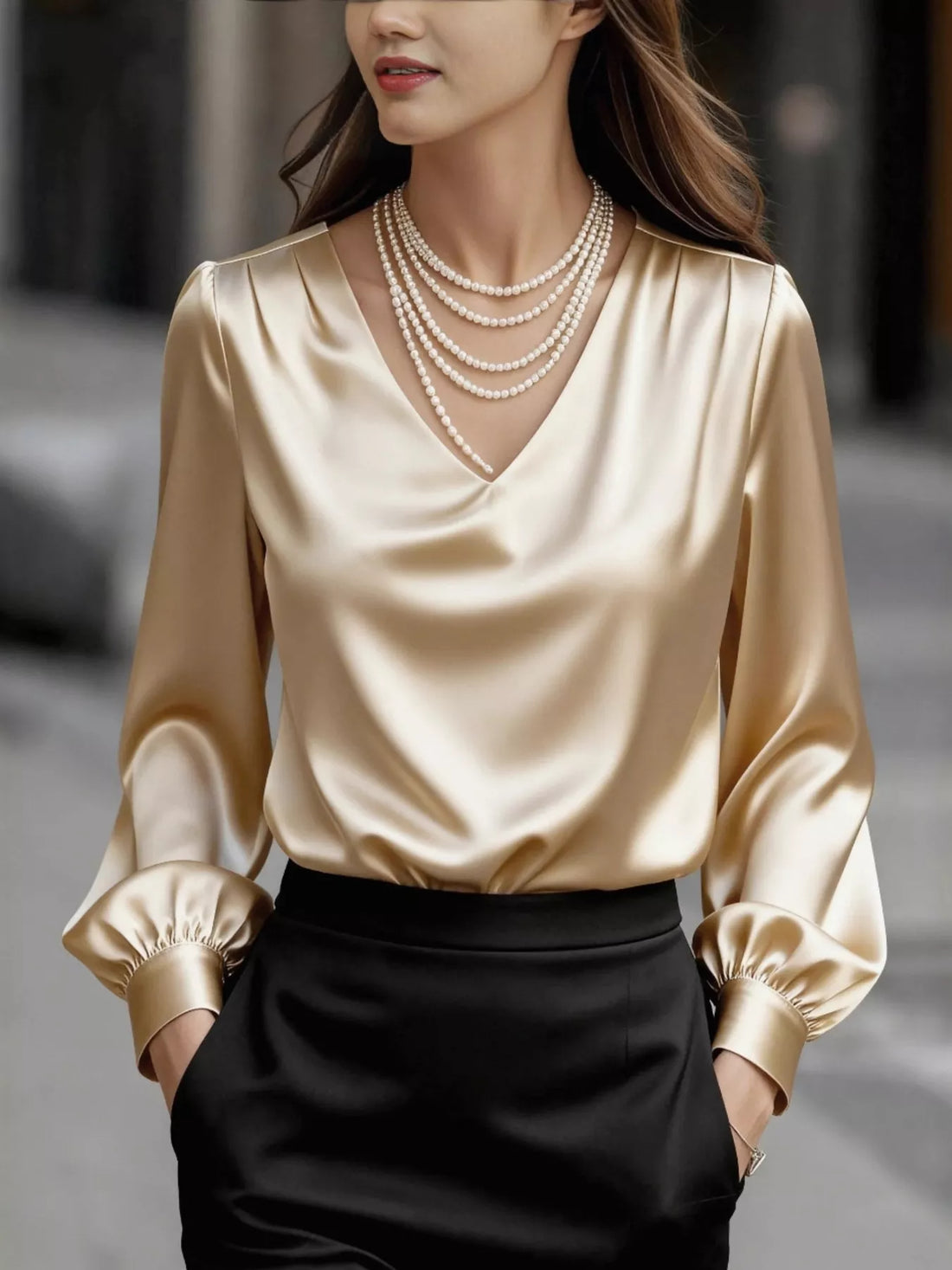 Satin V-Neck Long Sleeve Blouse Apricot / S