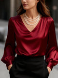 Satin V-Neck Long Sleeve Blouse Red / S