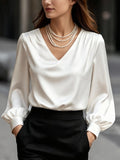 Satin V-Neck Long Sleeve Blouse White / S