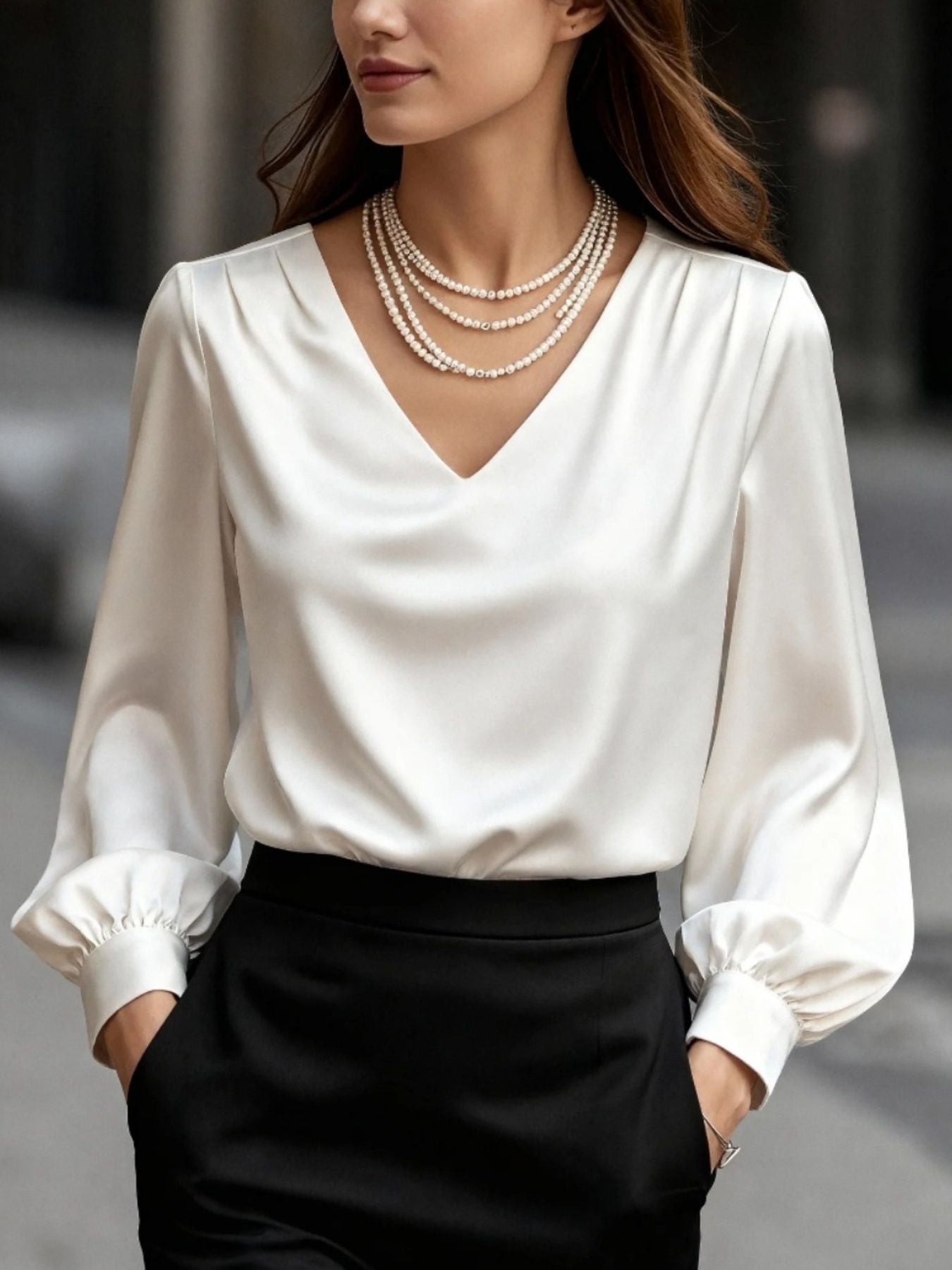 Satin V-Neck Long Sleeve Blouse White / S