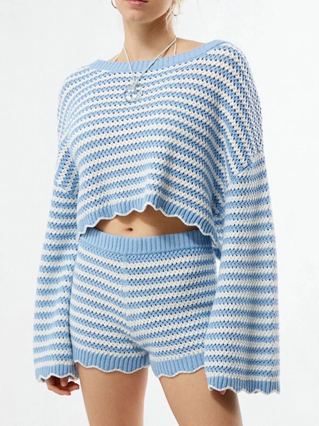 Scalloped Edges Striped Top and Shorts Set