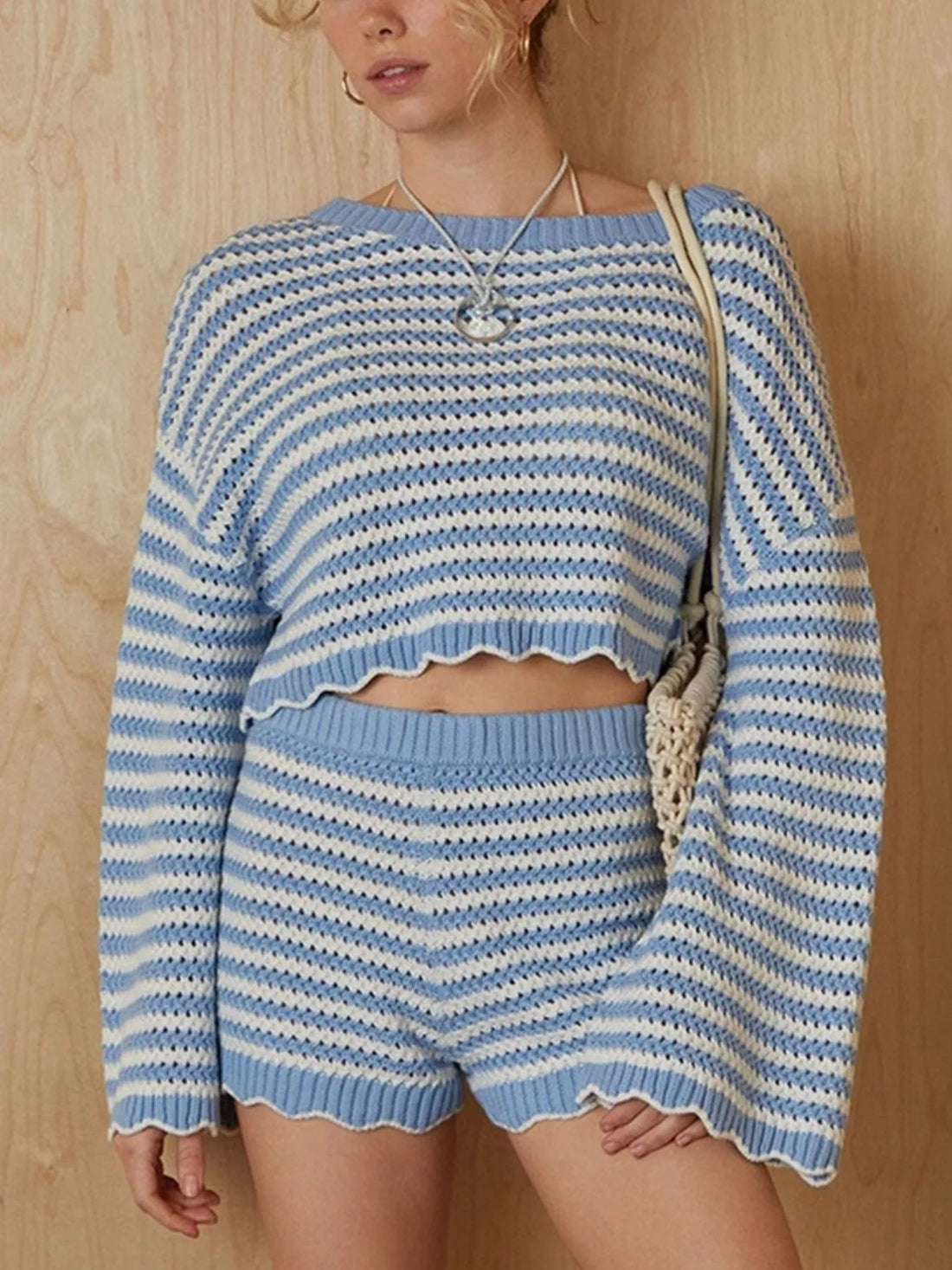 Scalloped Edges Striped Top and Shorts Set Blue / S