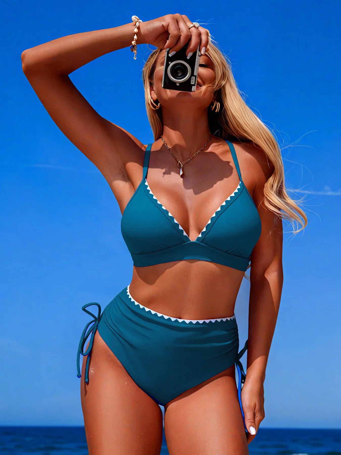 Scalloped Trim High-Waisted Swim Set Peacock Blue / S